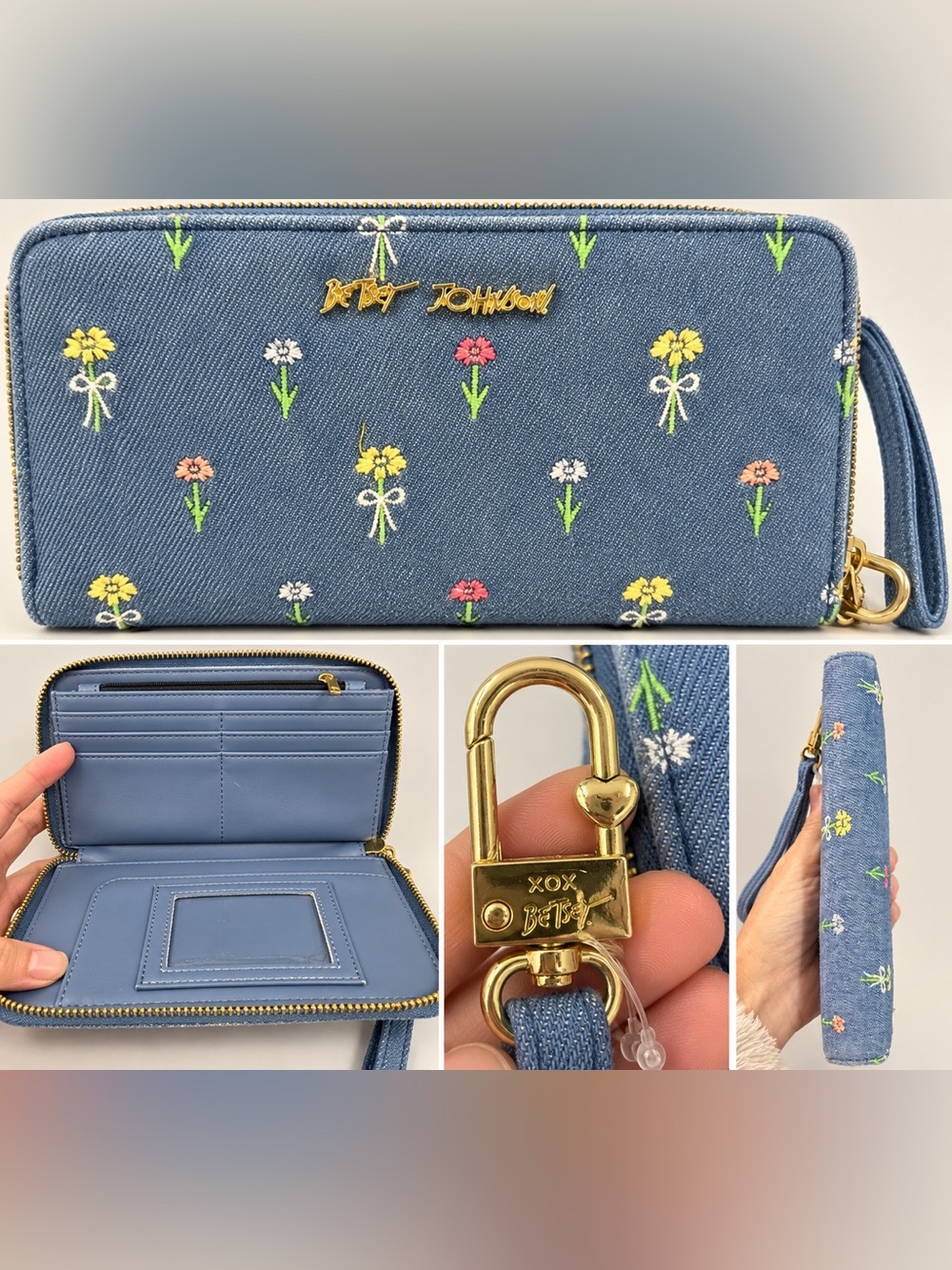 Betsey Johnson Denim Floral Embroidered Zip Around Wallet Wristlet Blue Floral